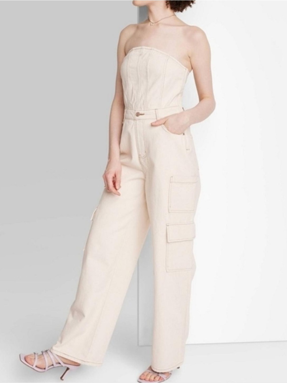 Strapless Cargo Jumpsuit in Cream